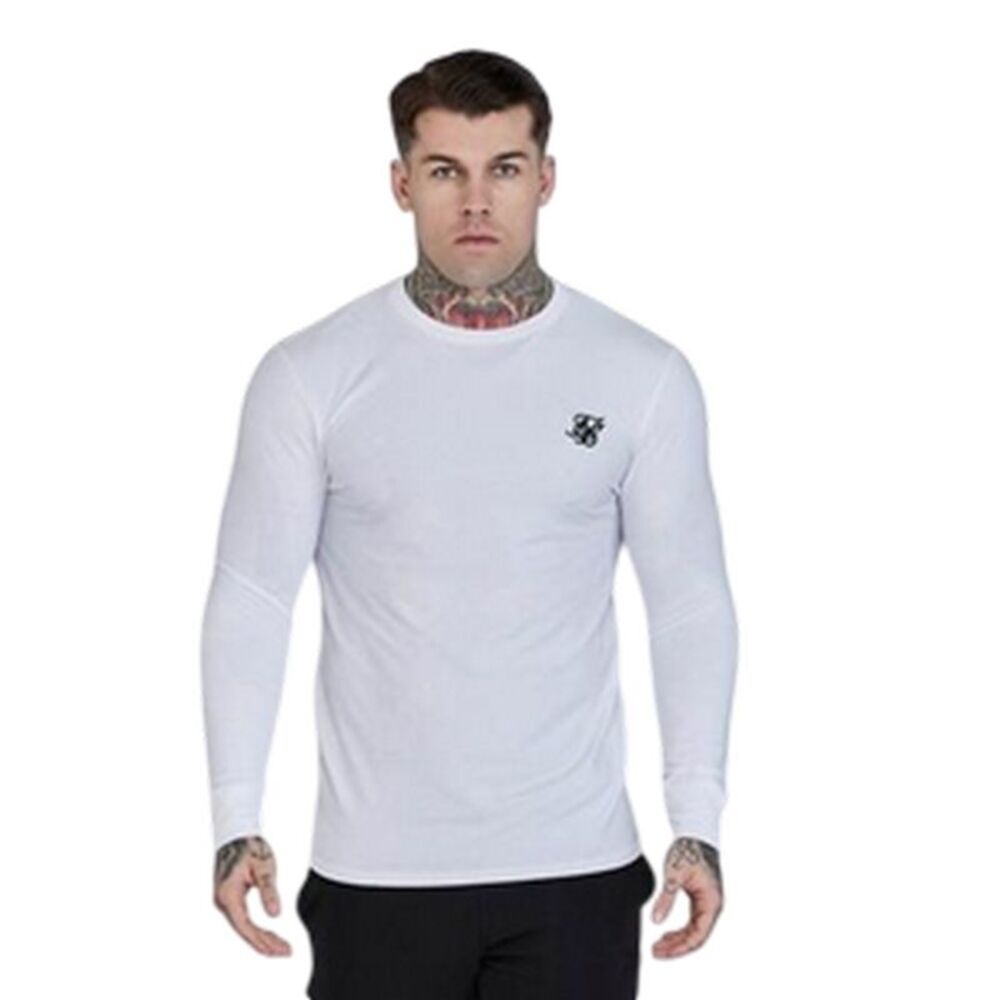SikSilk Mens Embroidered Logo Fitted Long-Sleeved T-Shirt / White